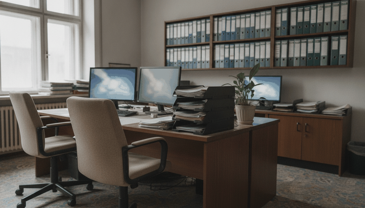 Kanzleibüro mit Aktenordnern im Regal und Schreibtisch mit Monitoren