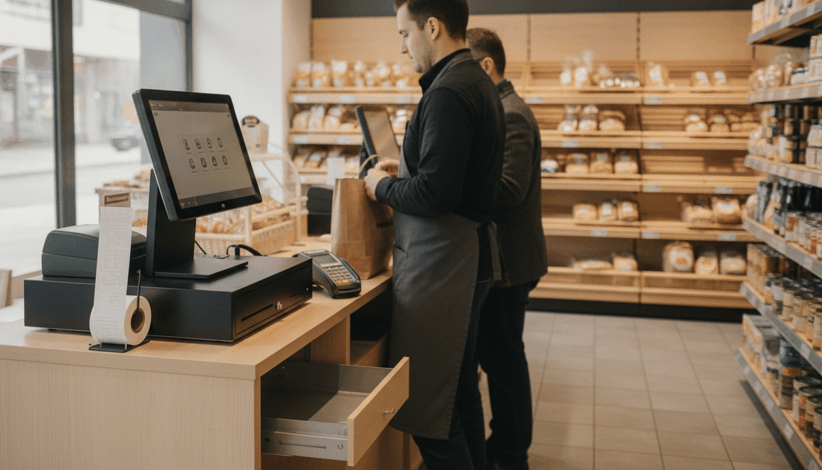 Kassenplatz in einem Einzelhandelsgeschäft mit Registrierkasse, Kartenterminal und Warenregal