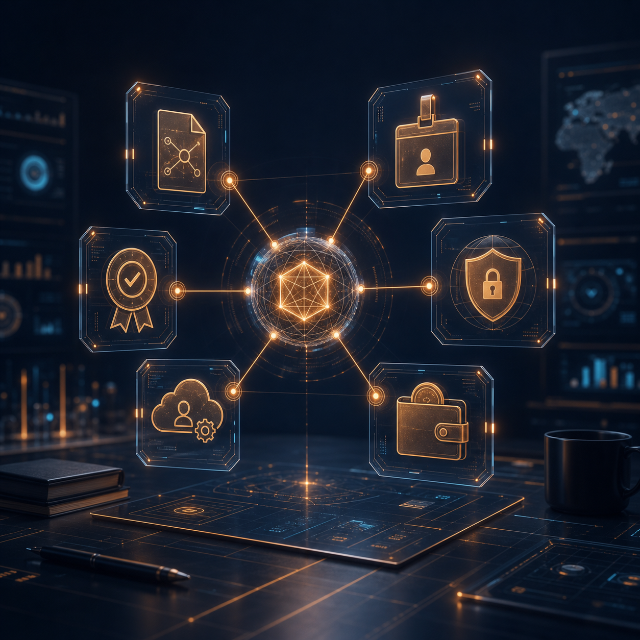 Abstrakter KI-Agent mit sechs verbundenen digitalen Identitätsnachweisen wie Zertifikat, Login, Wallet und Credential