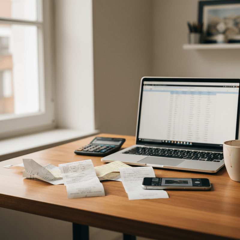 Schreibtisch mit Kassenbelegen, Smartphone, Rechner und Buchhaltungsübersicht auf einem Laptop