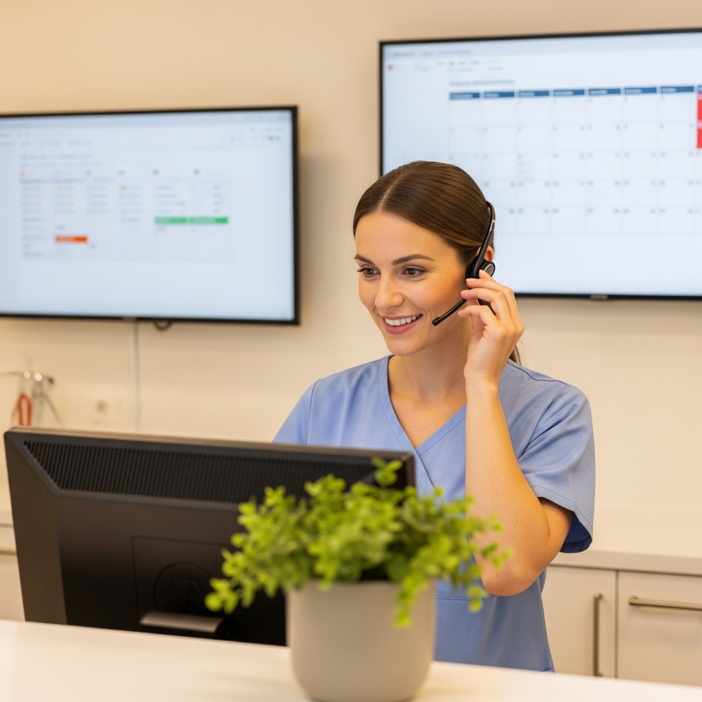 KI-Telefonassistent am Empfang einer Praxis – nimmt Anrufe entgegen und vereinbart Termine