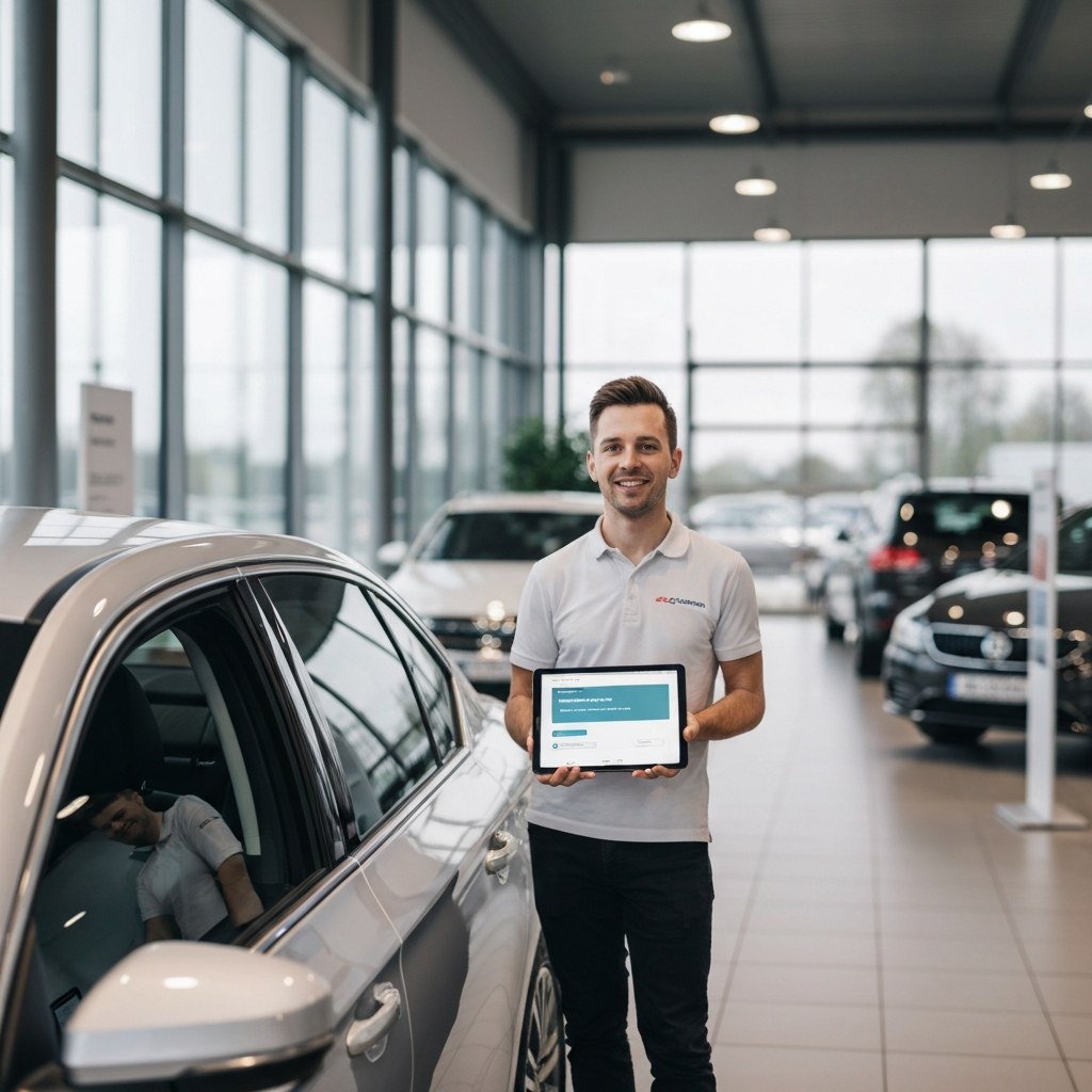 Autohaus-Schauraum mit Smartphone-Anzeige – KI unterstützt Verkaufs- und Service-Prozesse