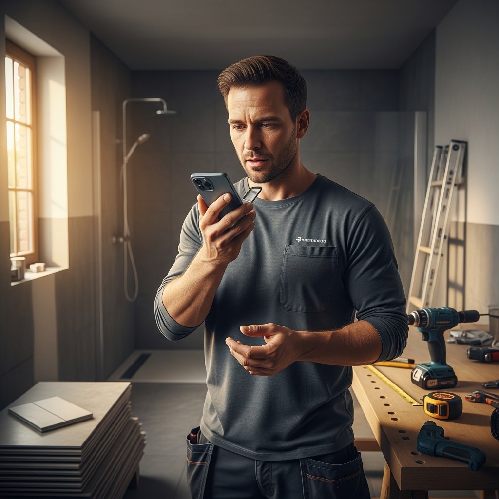 Handwerker mit Smartphone auf Baustelle – Sprachmemo wird per KI in Angebot umgewandelt