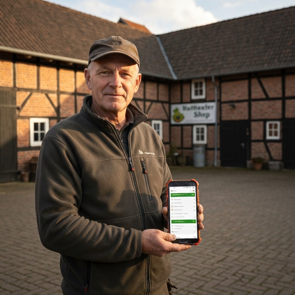 Landwirt am Hof-Schreibtisch mit Tablet und Telefon – KI unterstützt bei Buerokram, Direktvermarktung und Monitoring