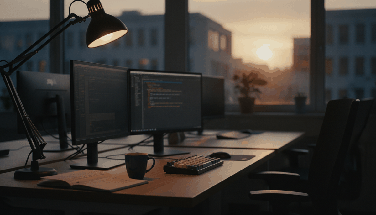 Entwicklerarbeitsplatz mit zwei Monitoren, Terminalfenstern, mechanischer Tastatur und Notizbuch