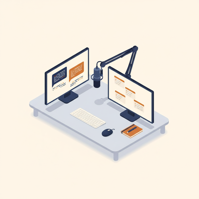 Isometrische Illustration eines zweiten Monitors mit Live-Transkript und KI-Tipps während eines Gesprächs