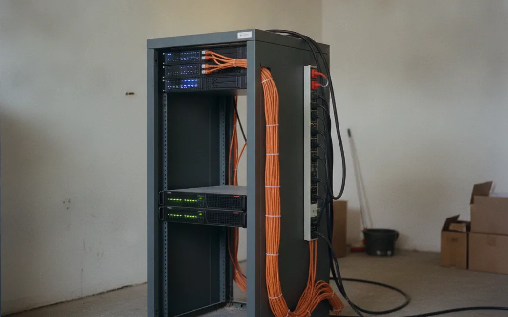 Serverschrank mit zwei Rechnern und geordneter Verkabelung in einem Technikraum