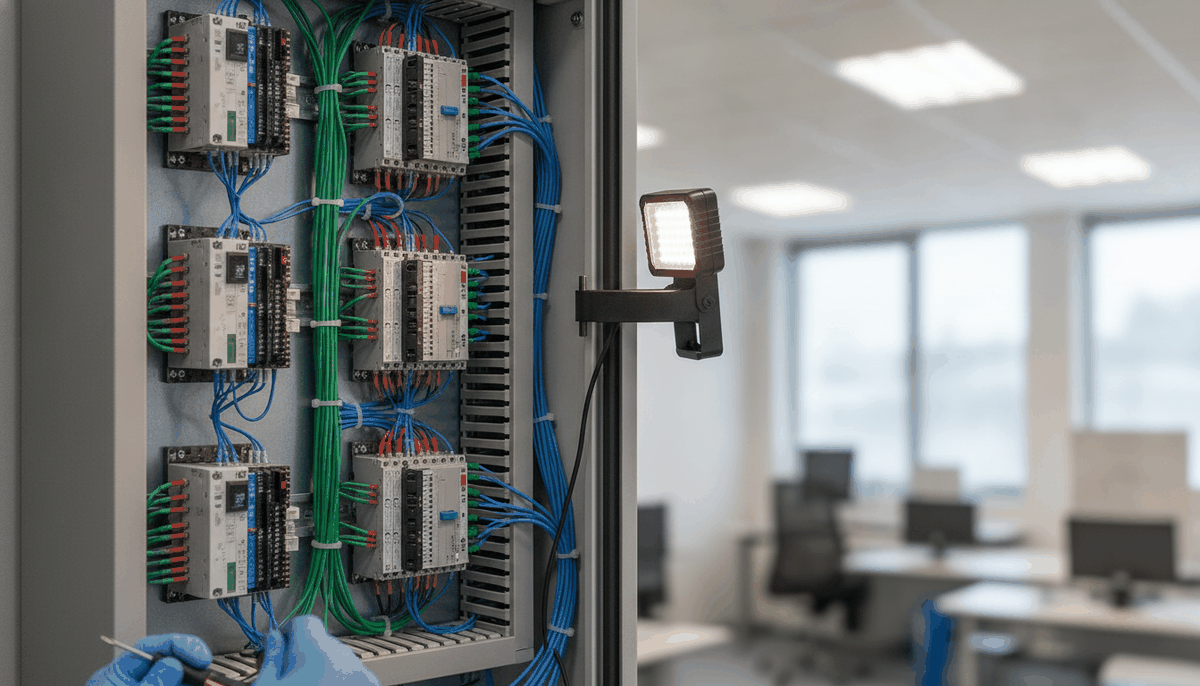Geöffneter Verteilerschrank mit KNX-Busklemmen, Reiheneinbaugeräten und sauber verdrahteter Busleitung