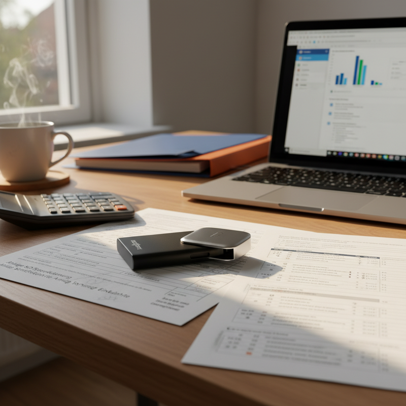 Krypto-Steuer-Tool für Privatanleger: Hardware-Wallet auf Anlage SO, Laptop mit FIFO-Auswertung und Steuer-PDF