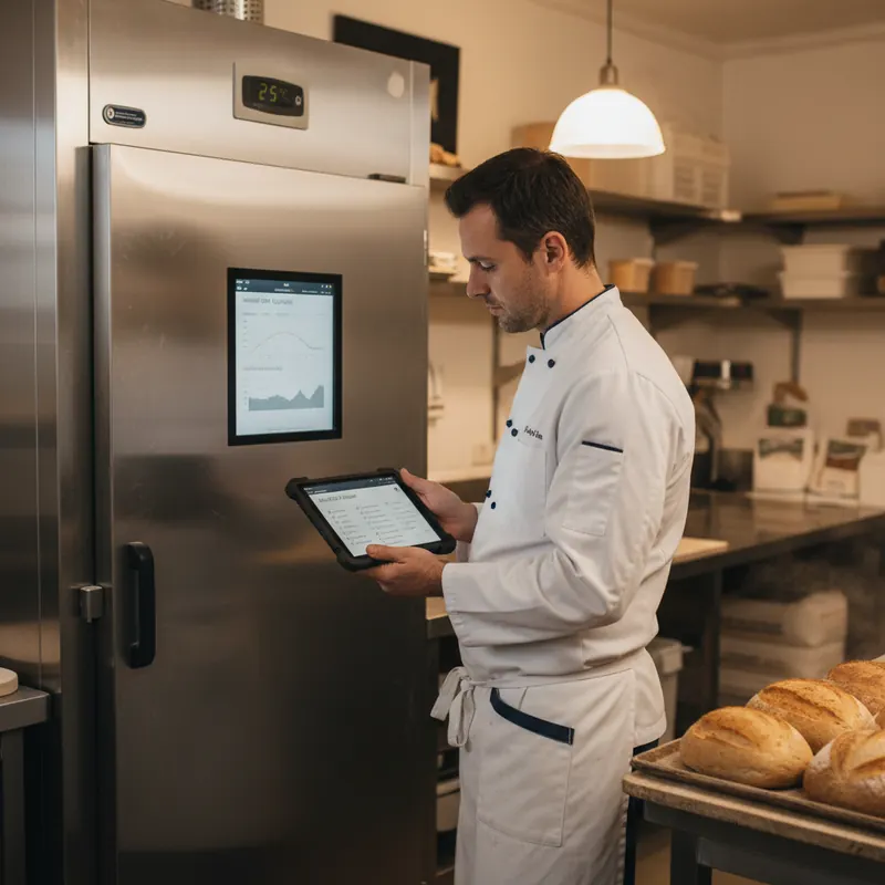 Kühlhaus-Monitoring im Bäckerei-Kühlraum: Tablet mit Temperaturüberwachung und HACCP-Dashboard