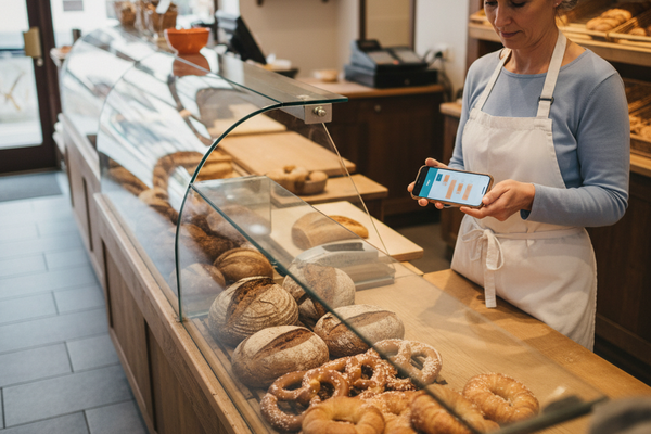 Bäckerin hinter dem Tresen einer deutschen Bäckerei nutzt die Vorbestell-App