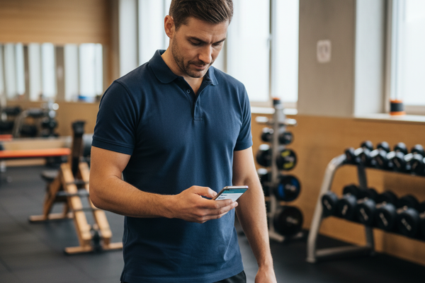 Personal-Trainer in einem deutschen Fitnessstudio nutzt die Kursbuchungs-App