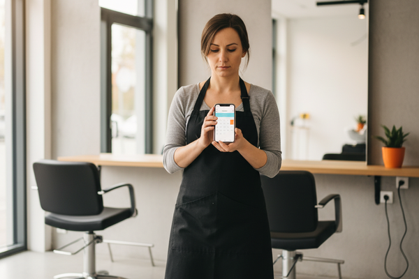 Friseurin in einem hellen deutschen Friseursalon nutzt die Buchungs-App auf ihrem Handy