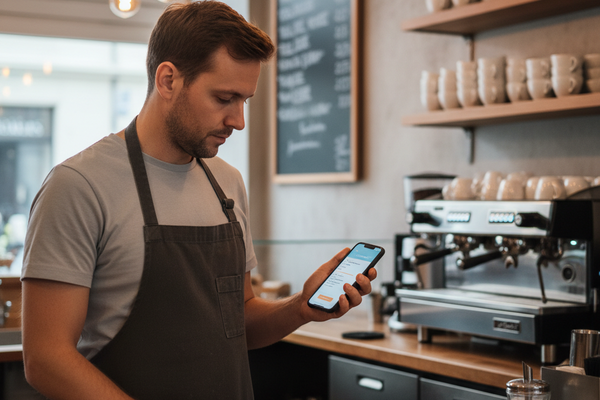 Barista hinter dem Tresen einer deutschen Cafe-Theke nutzt die Kunden-App des Cafes