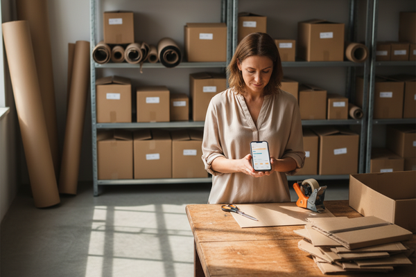 Online-Shop-Inhaberin im Versand-Bereich mit Verpackungsmaterial nutzt die Shop-App