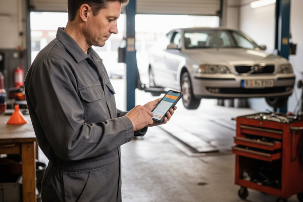 KFZ-Mechaniker in einer deutschen Auto-Werkstatt nutzt die Reparatur-App