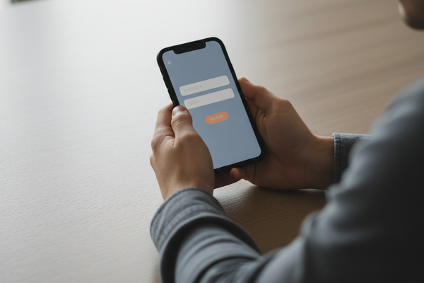 Hand hält Smartphone mit Login-Bildschirm auf einem Holztisch