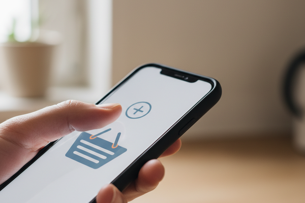 Daumen tippt einen Plus-Button auf dem Smartphone-Screen einer Bestell-App