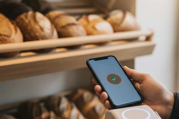 Smartphone wird an ein kontaktloses Bezahlterminal an einer Bäckerei-Theke gehalten