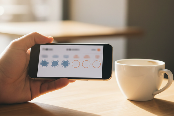 Hand hält Smartphone mit digitaler Stempelkarte neben einer Kaffeetasse auf einem Holztisch