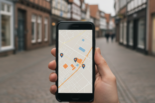 Hand hält Smartphone mit Karten-Ansicht und drei Standort-Pins in einer deutschen Innenstadt