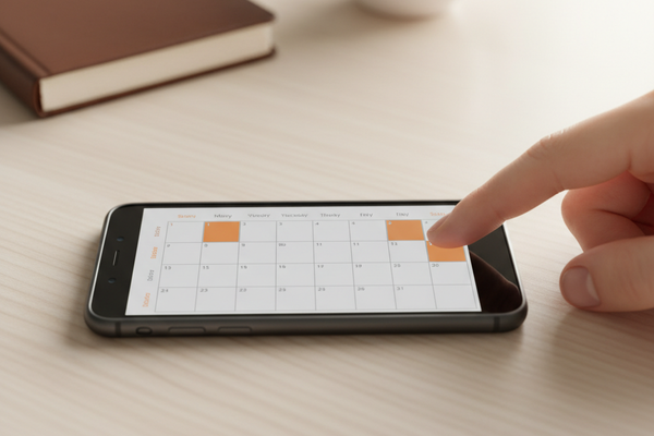 Smartphone auf einem Holzschreibtisch zeigt einen Wochenkalender mit verfügbaren Slots