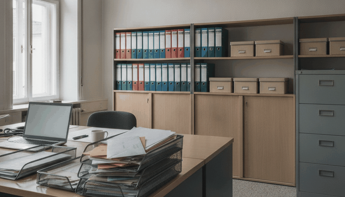 Schreibtisch mit Aktenordnern, Posteingangskorb und Notebook in einem Handelsbüro