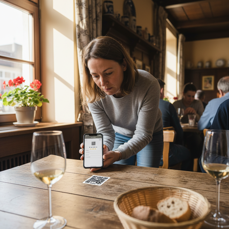 Restaurant-Tisch mit linkx-QR-Code, Gast scannt mit Smartphone und gibt Feedback ab
