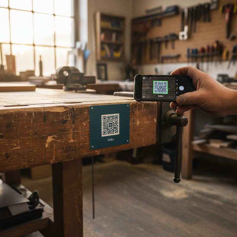 Schlauer QR-Code-Schild am Arbeitsbereich in einer Schreinerei, Handwerker scannt mit Smartphone
