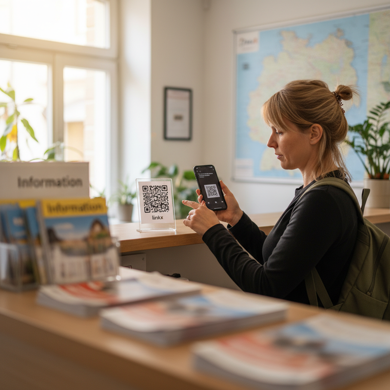 Tourist-Information mit linkx-QR-Aufsteller, internationale Besucherin scannt mit Smartphone