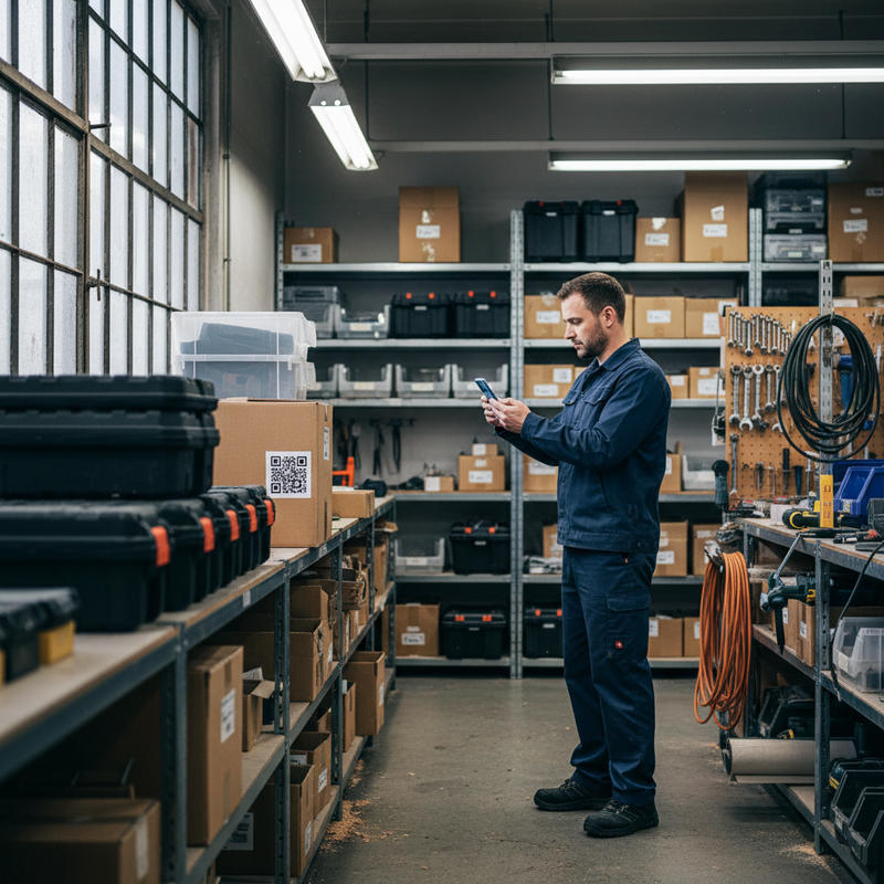 Manufaktur-Lager mit Regalen und Werkzeugkisten, Handwerker scannt linkx-QR an Materialbox