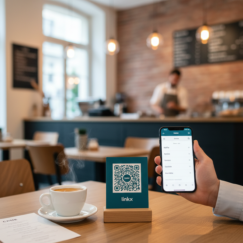 QR-Code-Schild auf Café-Tisch, Wechsel Frühstücks- und Mittagskarte per Scan