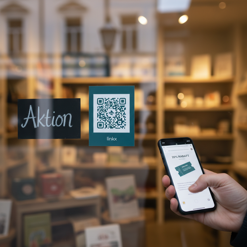 Schaufenster-Aktion — Rabattcode bis Scan 50, danach normale Bestellseite, ohne neuen Druck