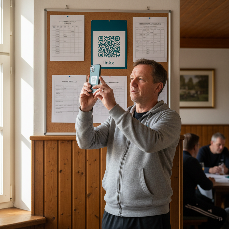 Vereinsheim — saisonales Trainingsprogramm, der QR auf der Pinnwand zeigt automatisch das Aktuelle