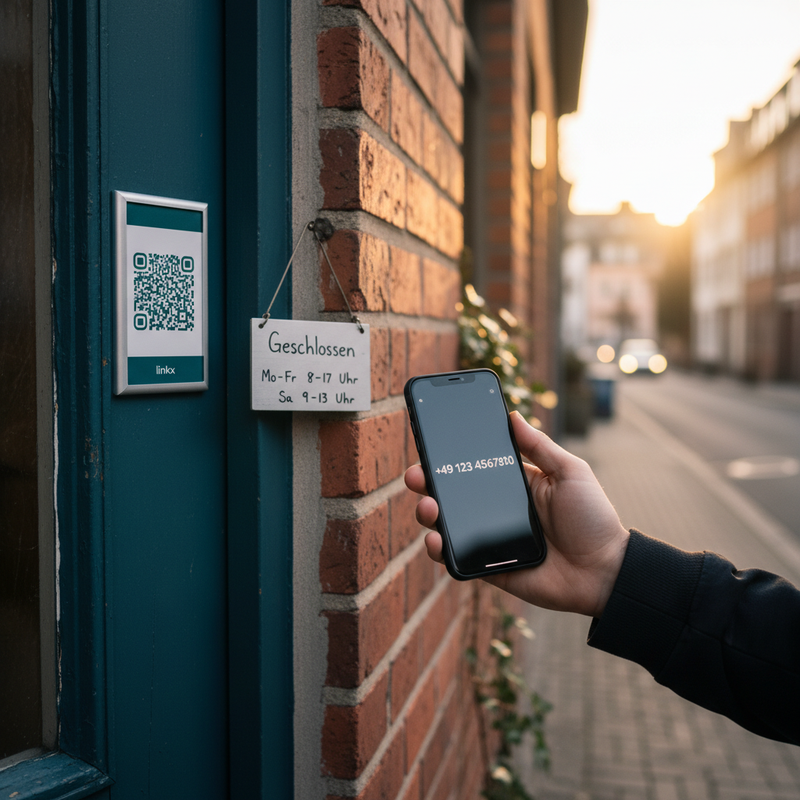 Manufaktur-Tür — werktags Terminanfrage, abends Notdienst-Telefon, ein Aufkleber regelt beides