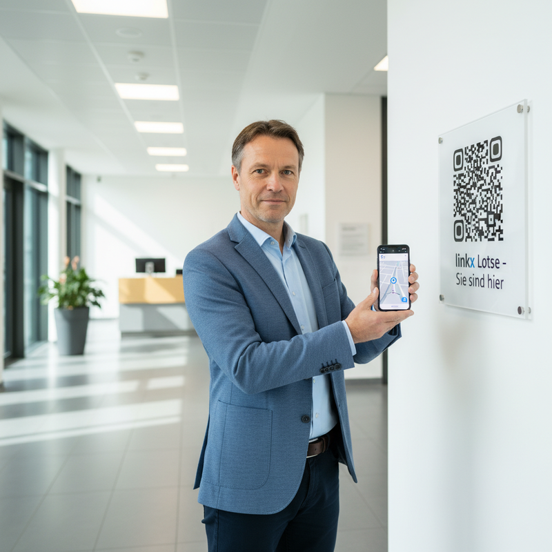Wandschild mit linkx-QR-Code im Foyer, Besucher scannt mit Smartphone und sieht Indoor-Karte