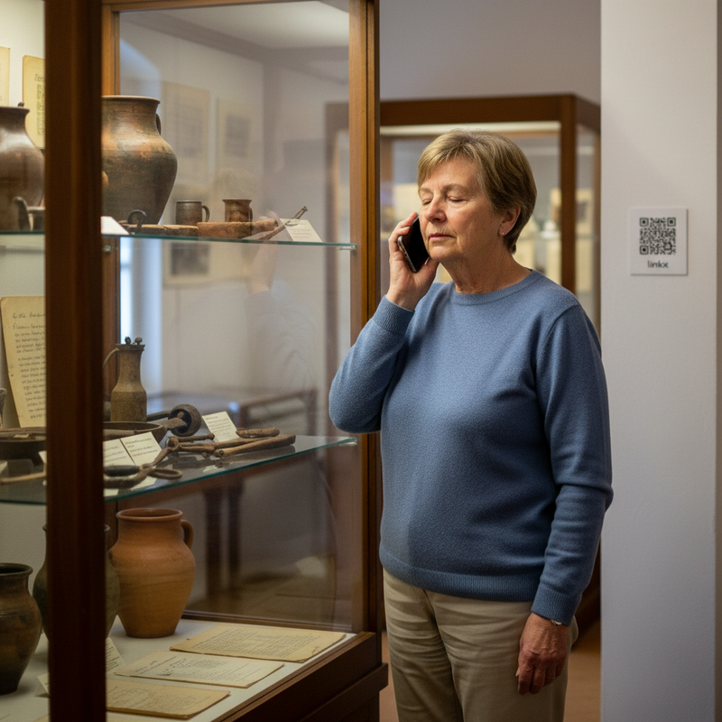 Heimatmuseum-Vitrine mit linkx-QR, ältere Besucherin hört Audio-Botschaft am Smartphone