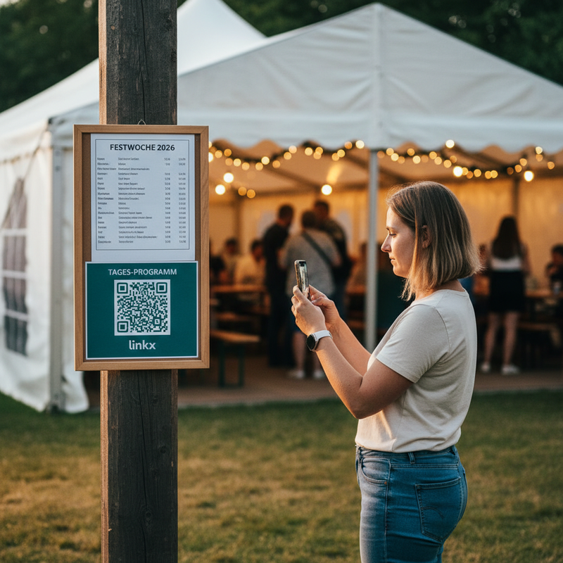 Festwoche-QR – Besucherin scannt Tages-Programm am Festzelt-Eingang
