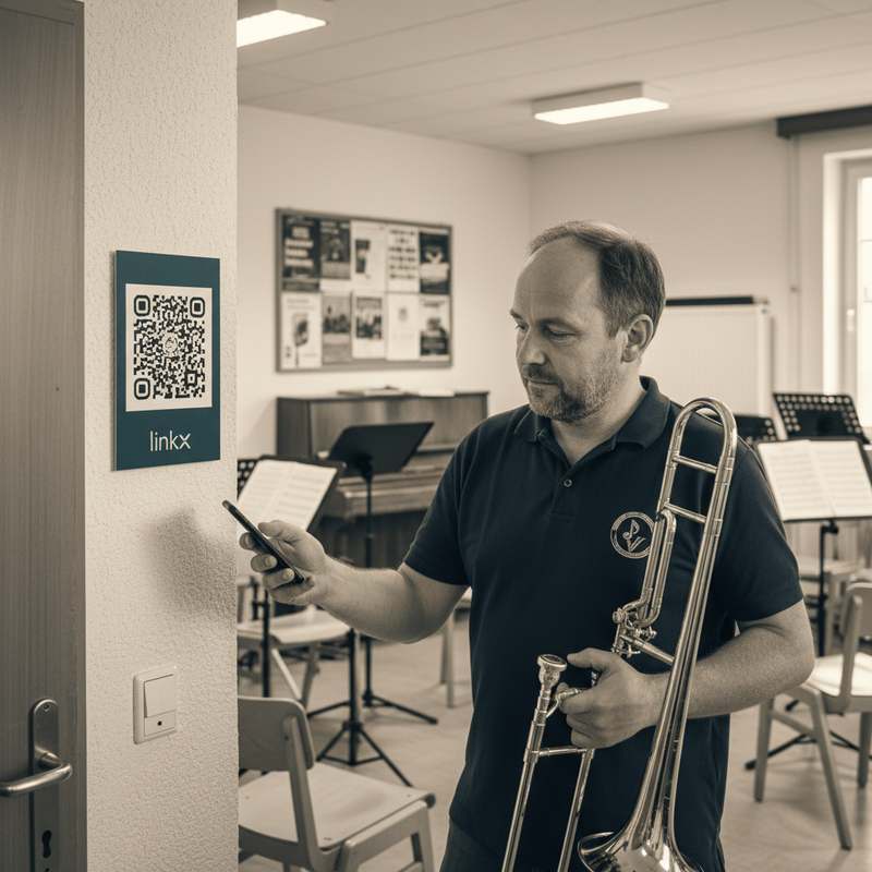 Probenraum-Aufsicht – Posaunist scannt QR am Eingang des Musikvereins-Probenraums