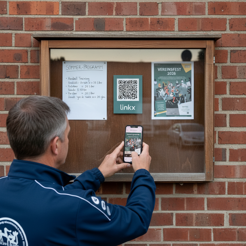 Vereinsheim-Schaukasten – Vereinsmitglied scannt QR am Sommer-Programm und Vereinsfest-Aushang