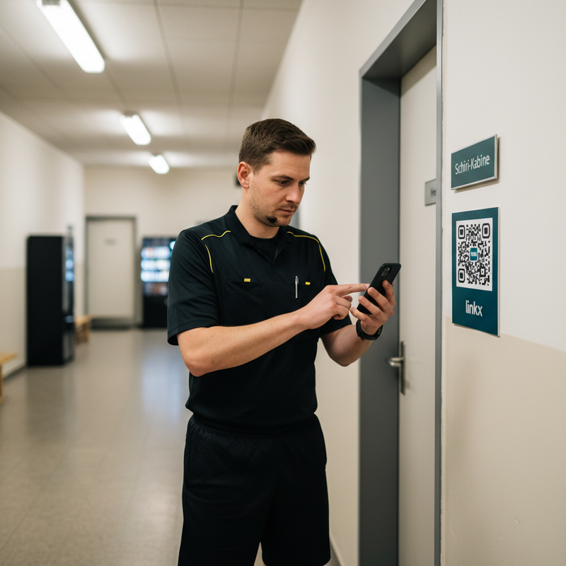Schiedsrichter-Briefing – Schiri scannt QR am Kabinen-Eingang in der Sporthalle