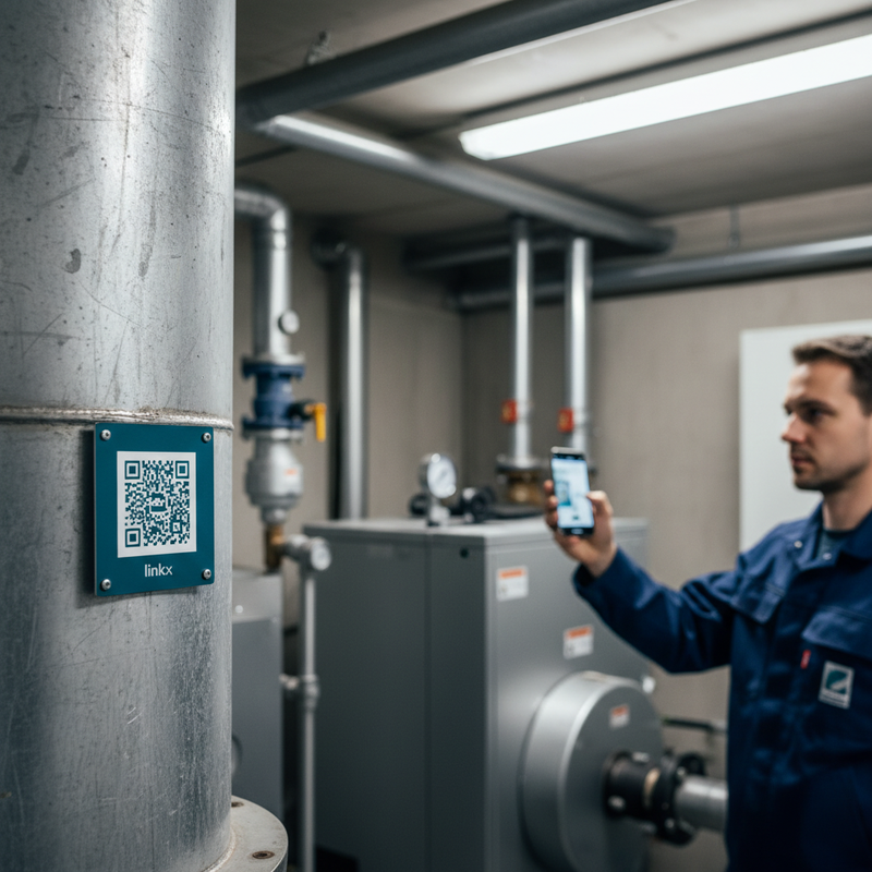 QR-Code-Schild im Heizungsraum, Techniker scannt Filterwechsel