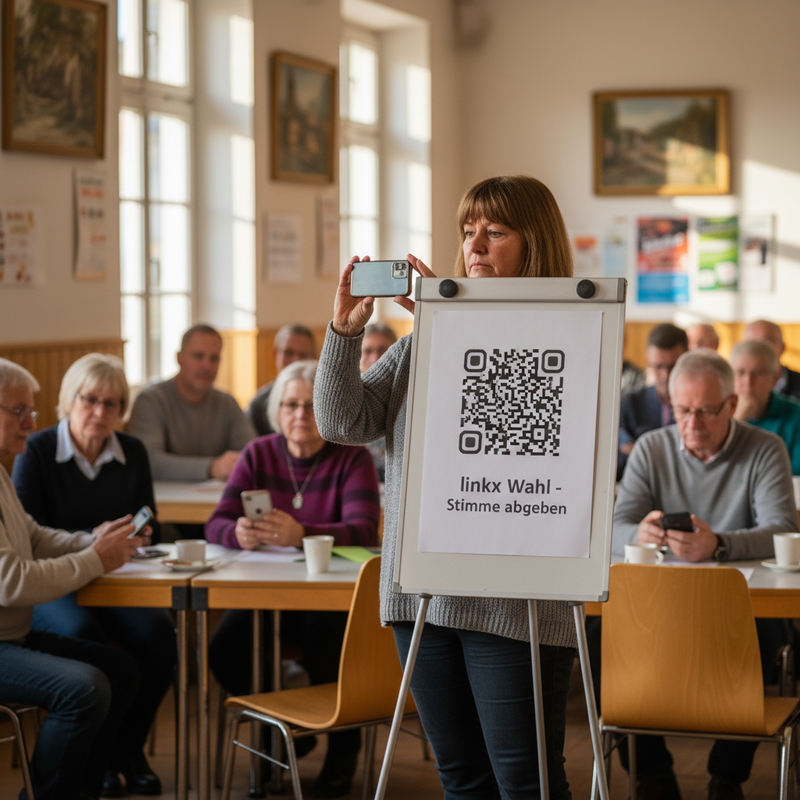 Vereinsversammlung im Gemeindesaal mit linkx-QR-Schild auf Flipchart, Frau scannt zur Stimmabgabe