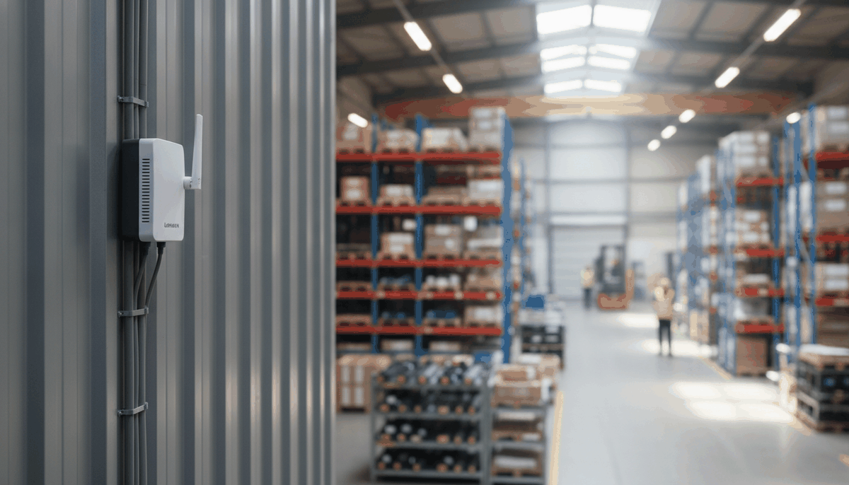 LoRaWAN-Gateway mit Antenne an einer Hallenwand, dahinter eine Industriehalle mit Regalen