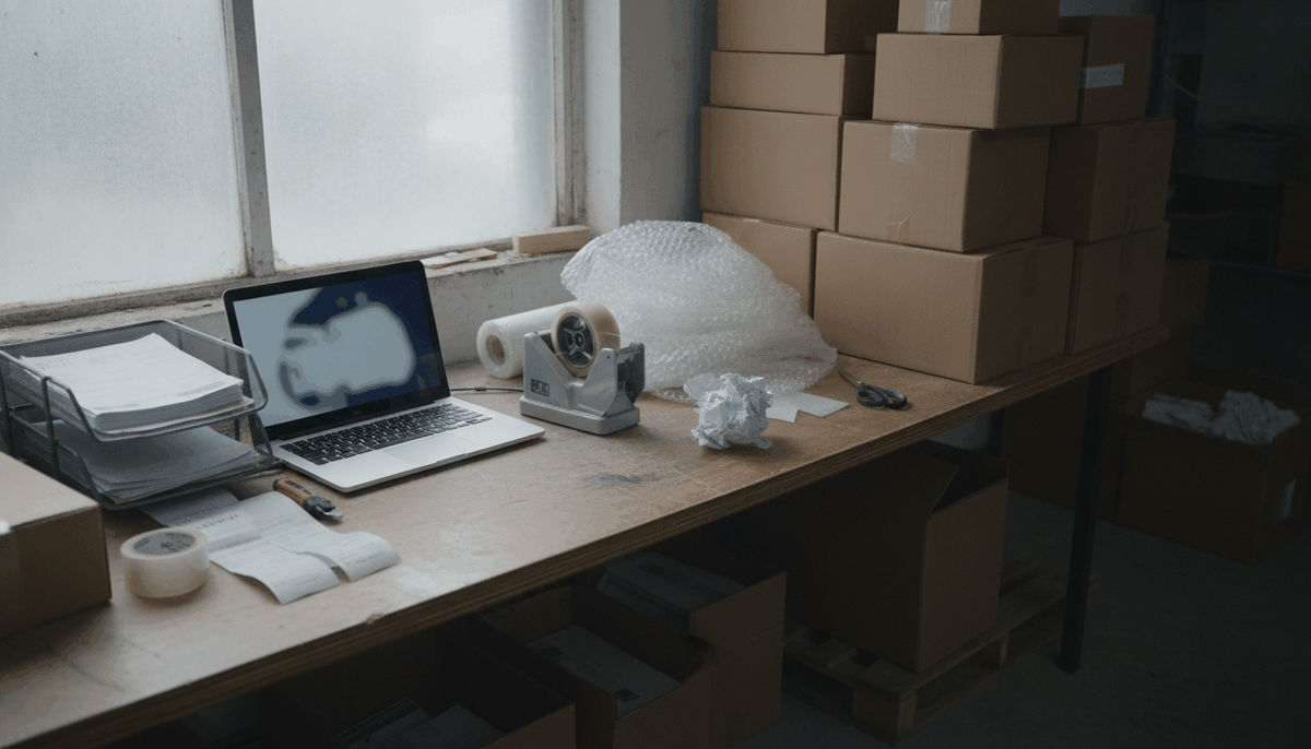 Packtisch mit Versandkartons, Laptop und Belegablage in einem Versandraum