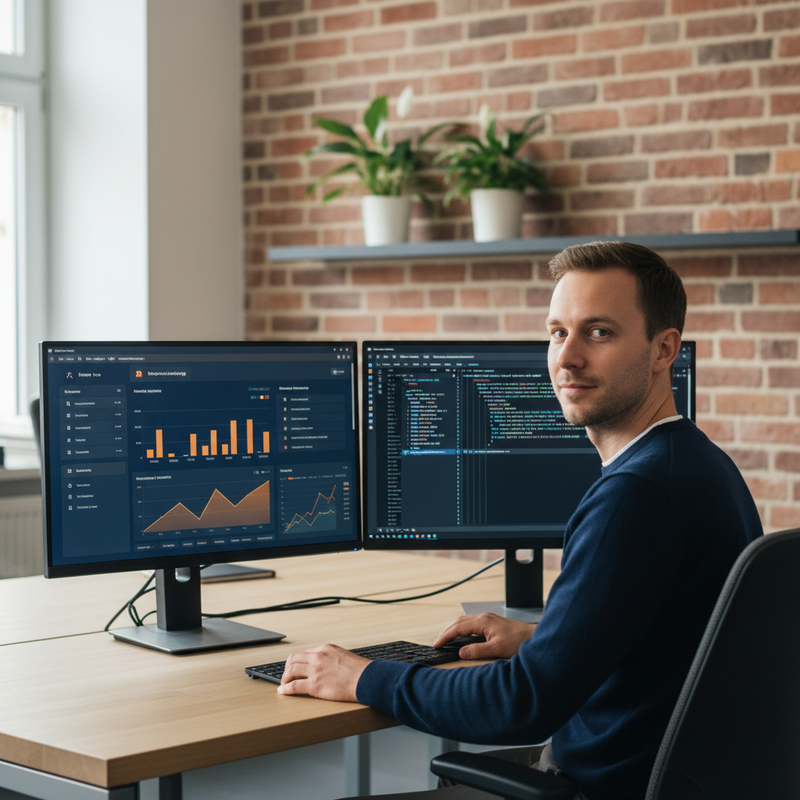Marketing-Analystin in einem deutschen B2B-Büro arbeitet mit zwei Bildschirmen: links ein Kampagnen-Dashboard, rechts ein Programm-Editor mit Schnittstellen-Aufrufen