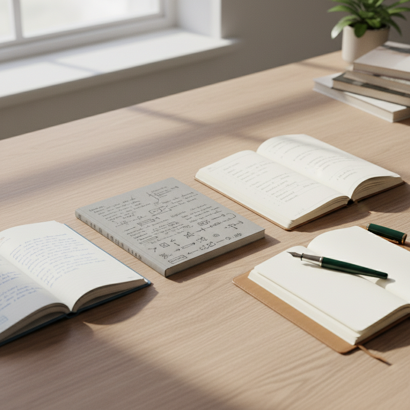 Schreibtisch mit drei aufgeschlagenen Notizbüchern in unterschiedlicher Handschrift, daneben ein viertes leeres Blatt und ein Stift, Tageslicht von links