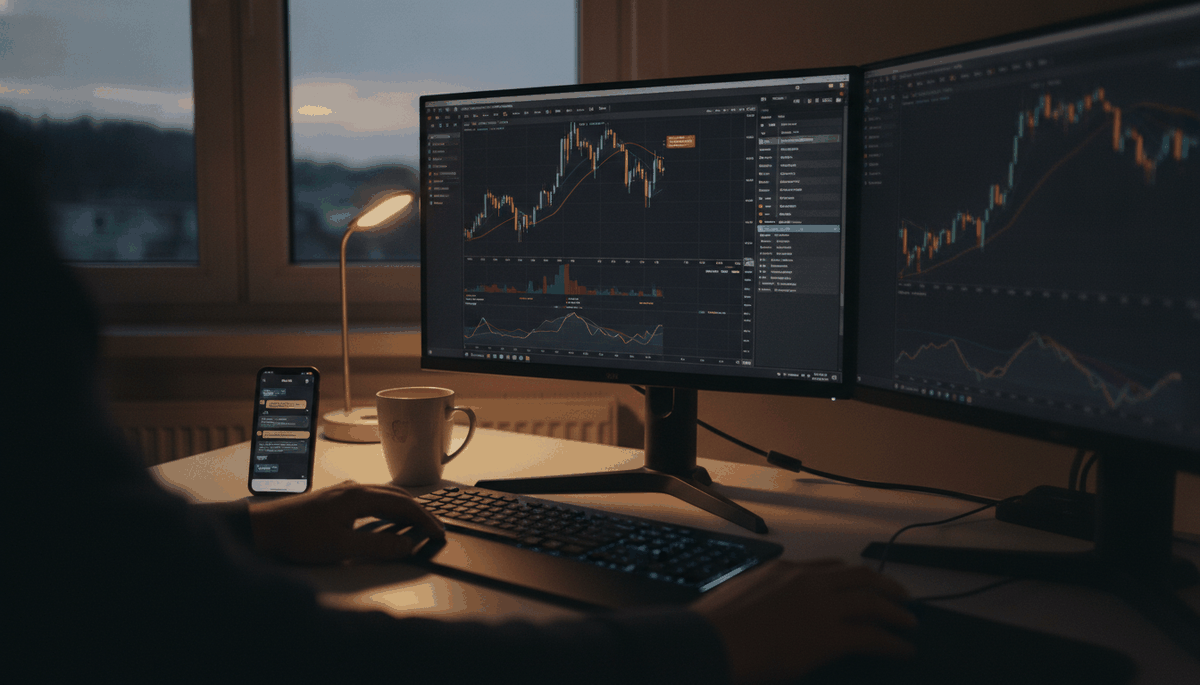 Schreibtisch am Abend mit zwei Monitoren voller Kerzencharts in einer Handelsplattform, daneben ein Smartphone mit Signalnachrichten in einem Messenger