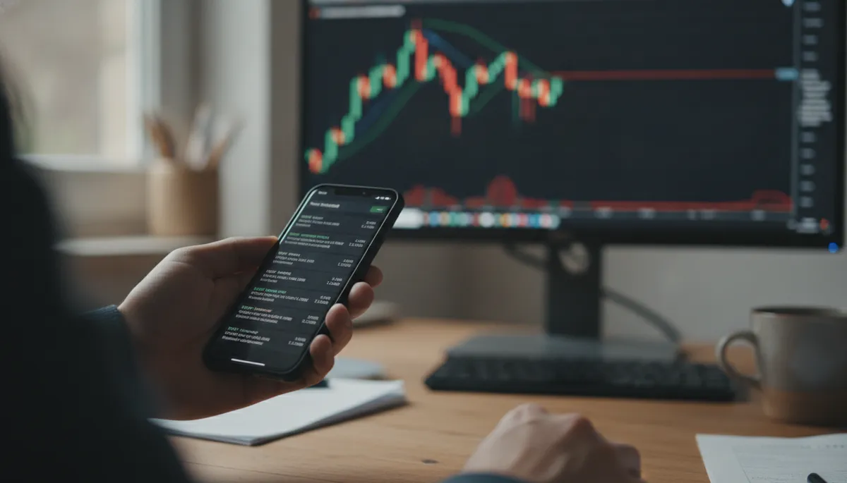 Hand mit Smartphone, auf dem Display ein Messenger-Kanal mit kurzen Handelssignalen, im Hintergrund ein Monitor mit Kerzenchart