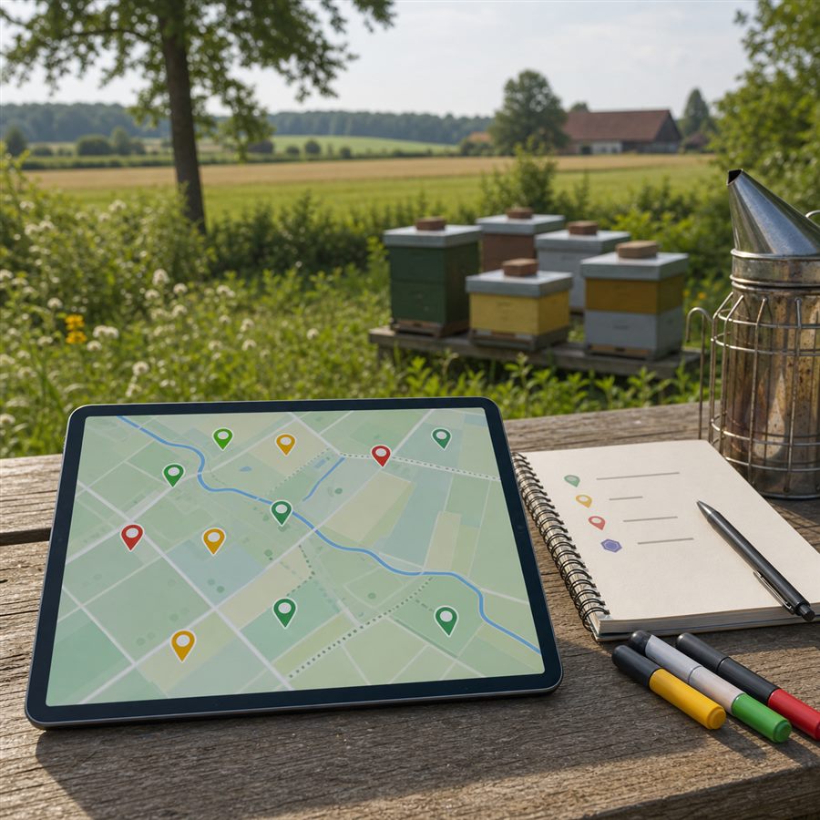 Imker mit Tablet zeigt Bienenfeind-Karte mit Risiko-Heatmap